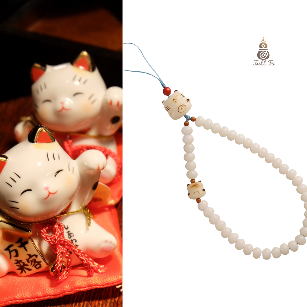 Lucky Double Strength: White Jade Bodhi Lucky Cat pendant