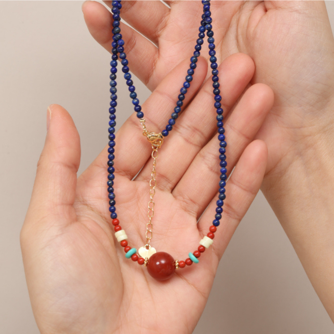 Lazurite in the sea  Red Agate Necklace