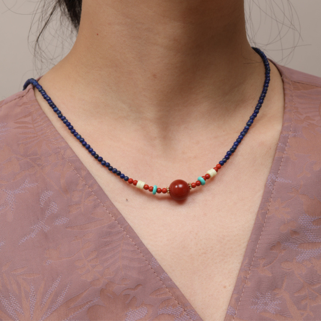 Lazurite in the sea  Red Agate Necklace