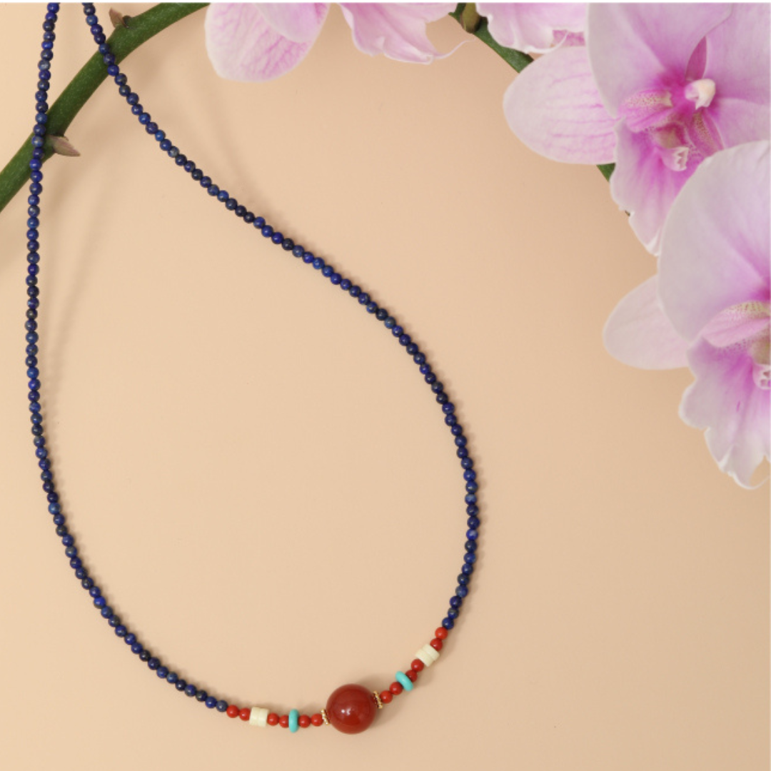 Lazurite in the sea  Red Agate Necklace