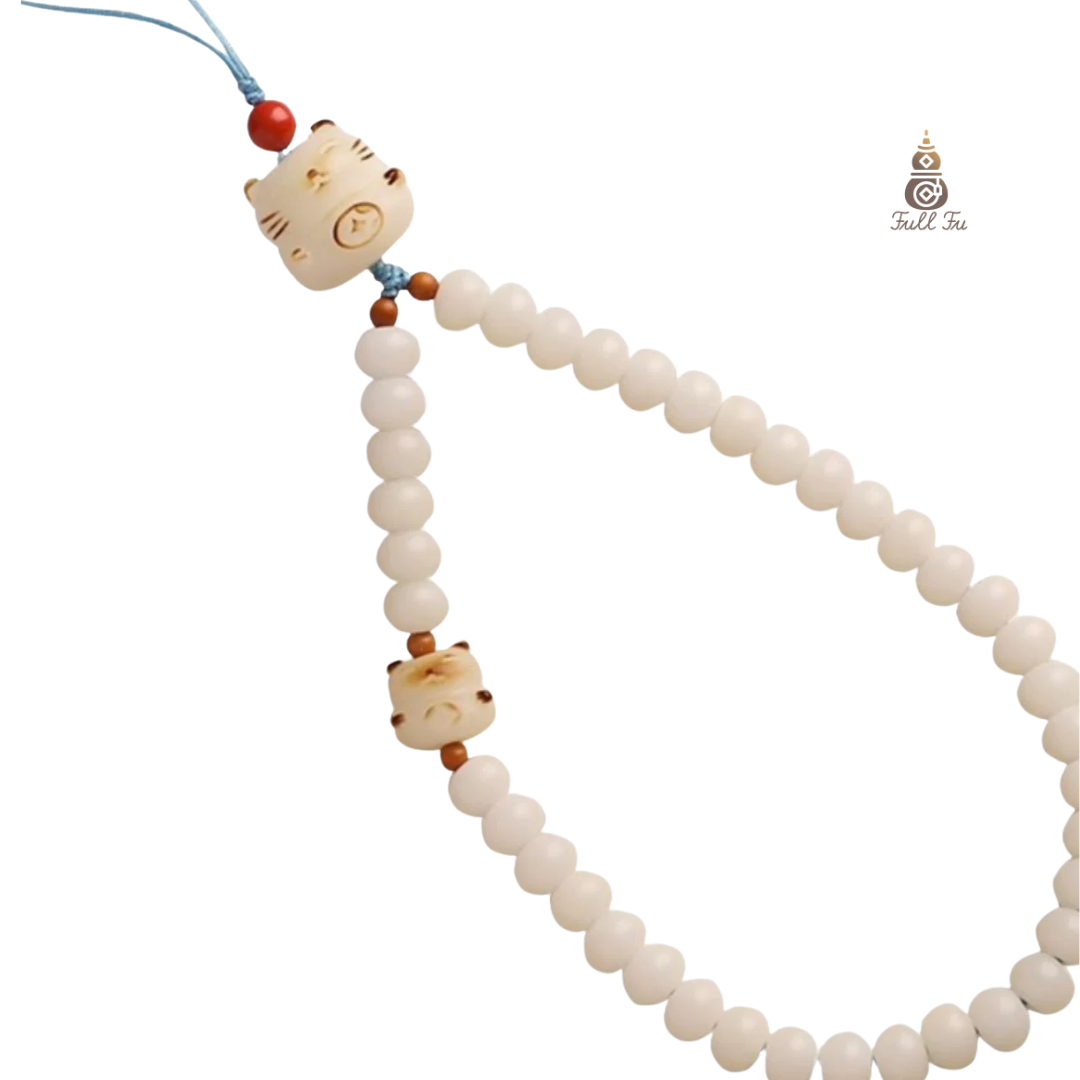 Lucky Double Strength: White Jade Bodhi Lucky Cat pendant